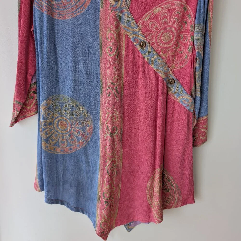 Shaybali Pink Blue Batik Rayon Tunic Top M - Picture 2 of 6